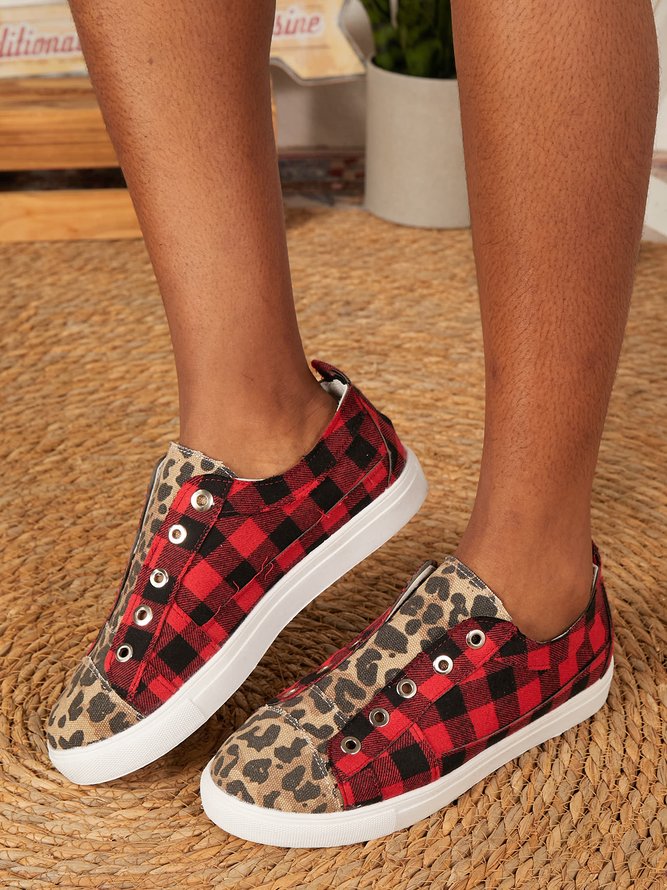 Red Plaid Stitching Leopard Print Personalized Canvas Flat Shoes