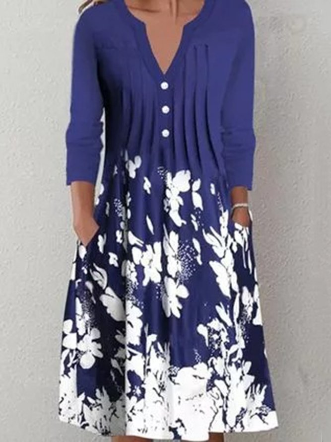 Blue Floral Printed A-Line Casual Long Sleeve Knitting Dress