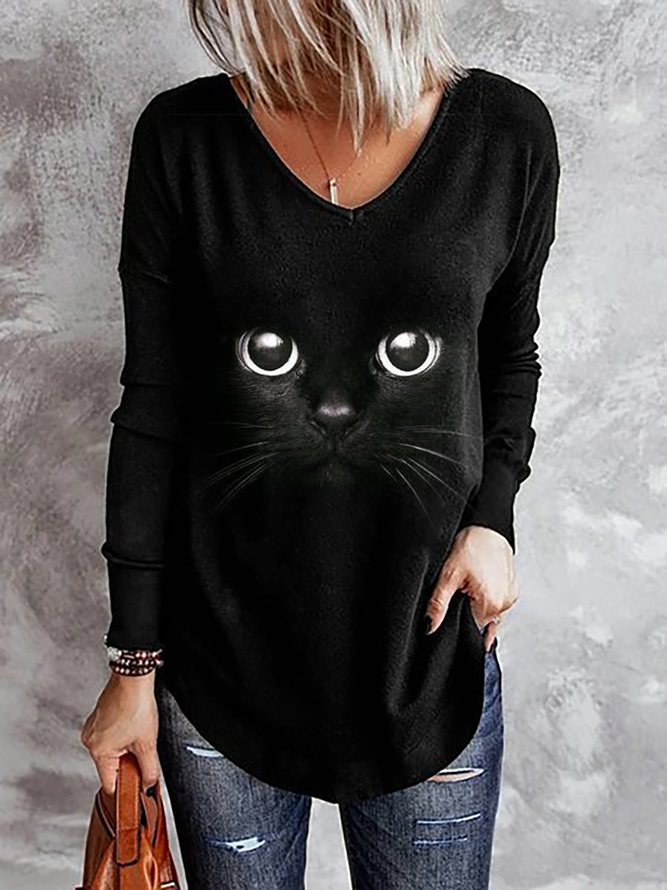 Plus size Cat V Neck Long Sleeve Shirts & Tops