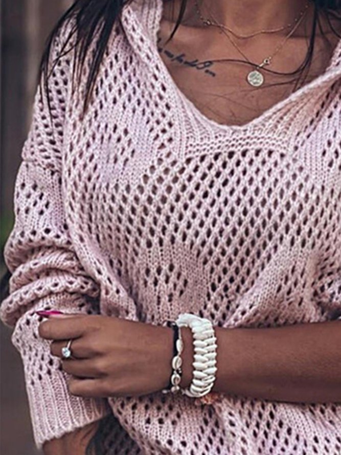 Vintage Long Sleeve Plain Cutout V Neck Plain Plus Size Casual Sweater