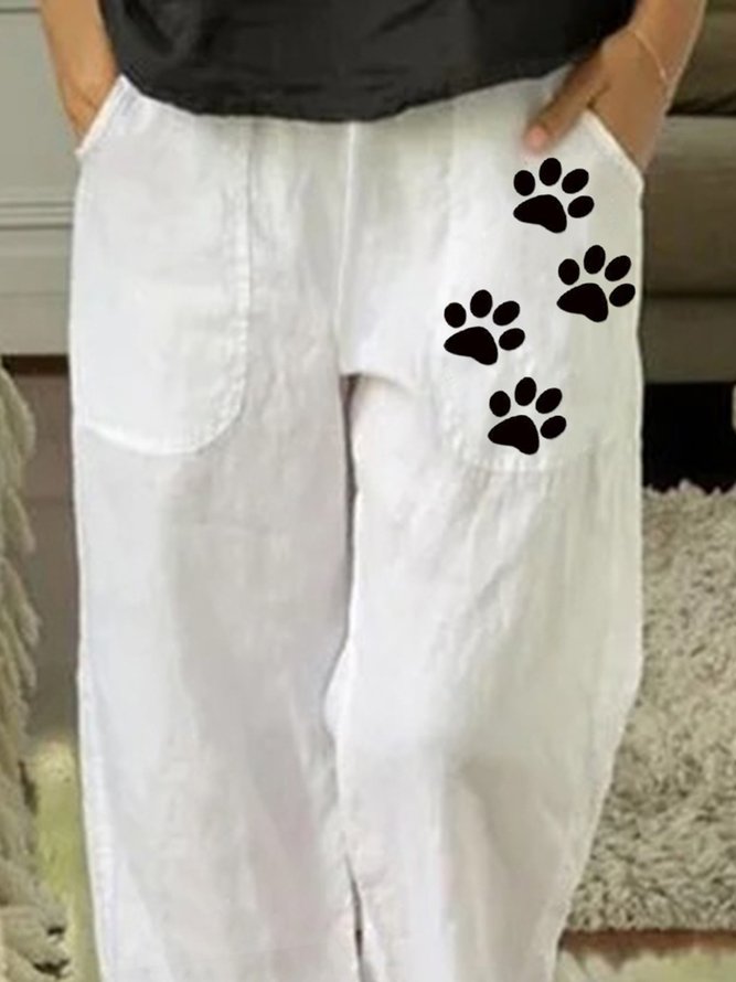 White Cat Printed Pockets Shift Casual Elastic Waist Pants