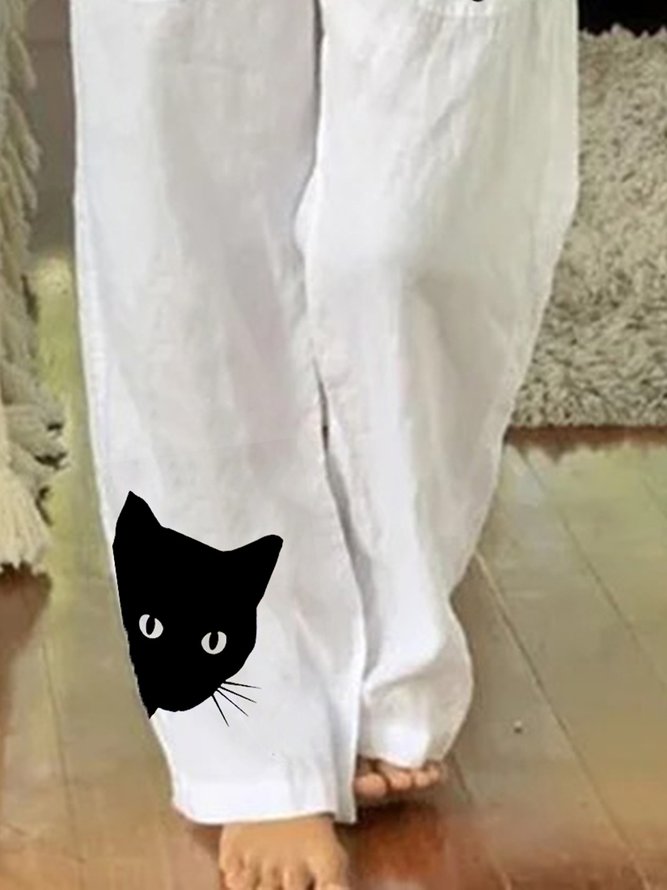 White Cat Printed Pockets Shift Casual Elastic Waist Pants