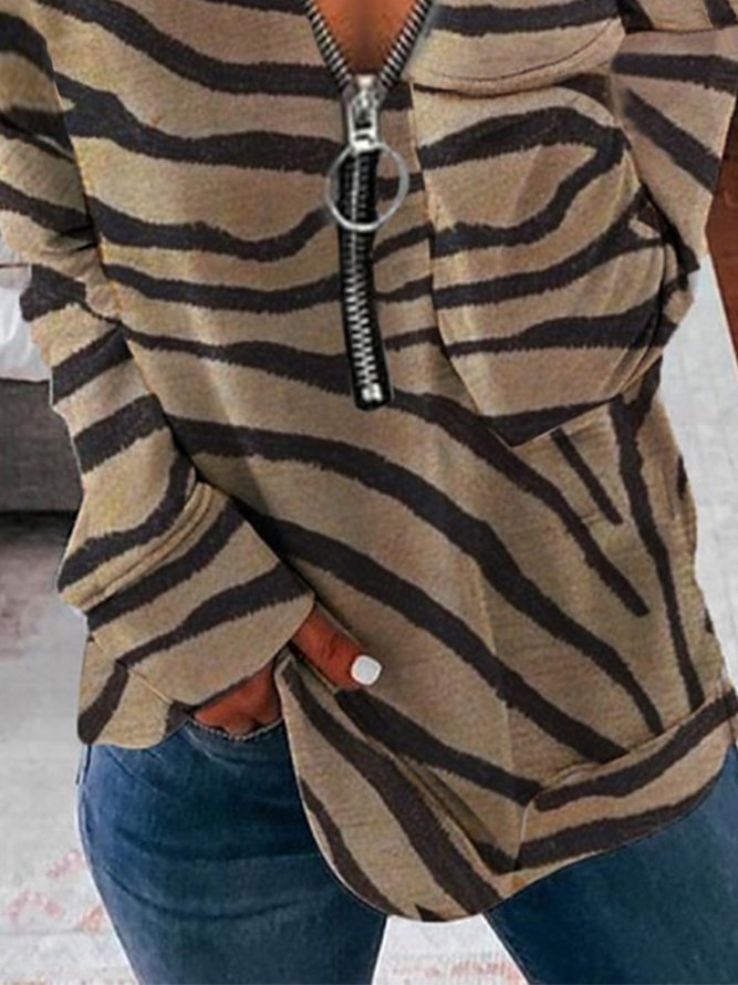 Vintage Zebra Printed Long Sleeve Zipper V Neck Casual Tunic Sweatshirt