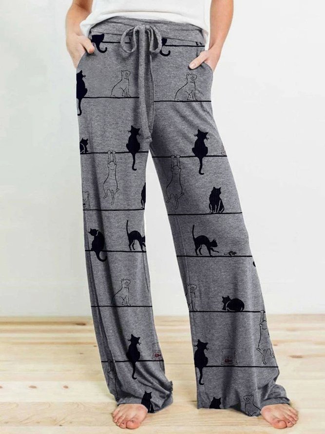 Gray Cat Printed Casual Daily Household Pants