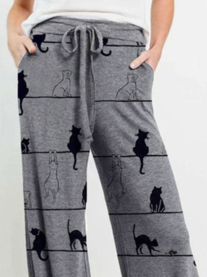 Gray Cat Printed Casual Daily Household Pants
