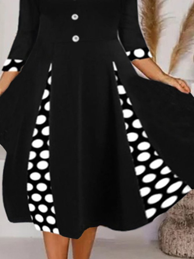Vintage Polka Dots Printed Color-Block Long Sleeve Plus Size Casual Knitting Dress