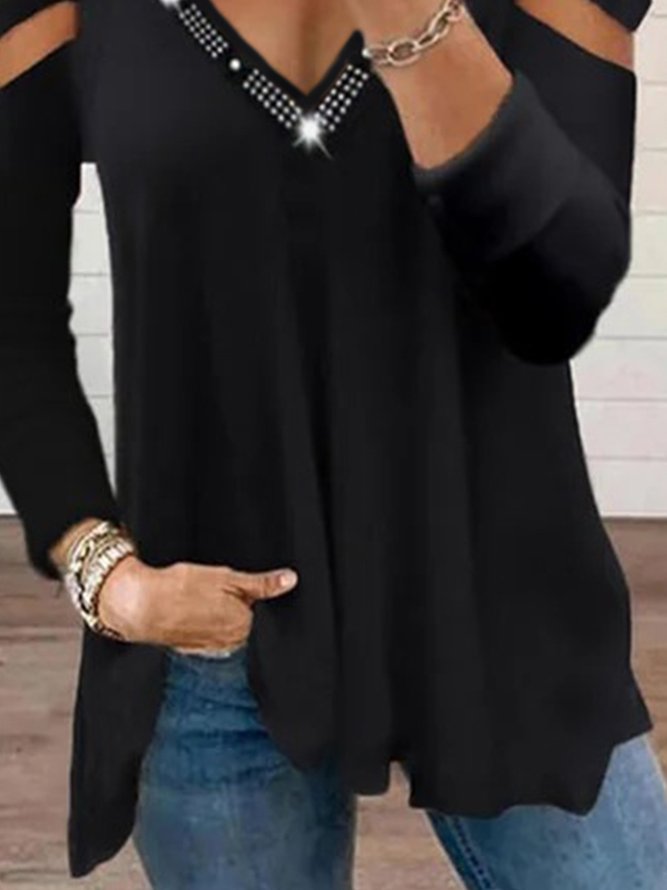 Vintage Solid Eyelet V Neck Long Sleeves Plus Size Casual Tops