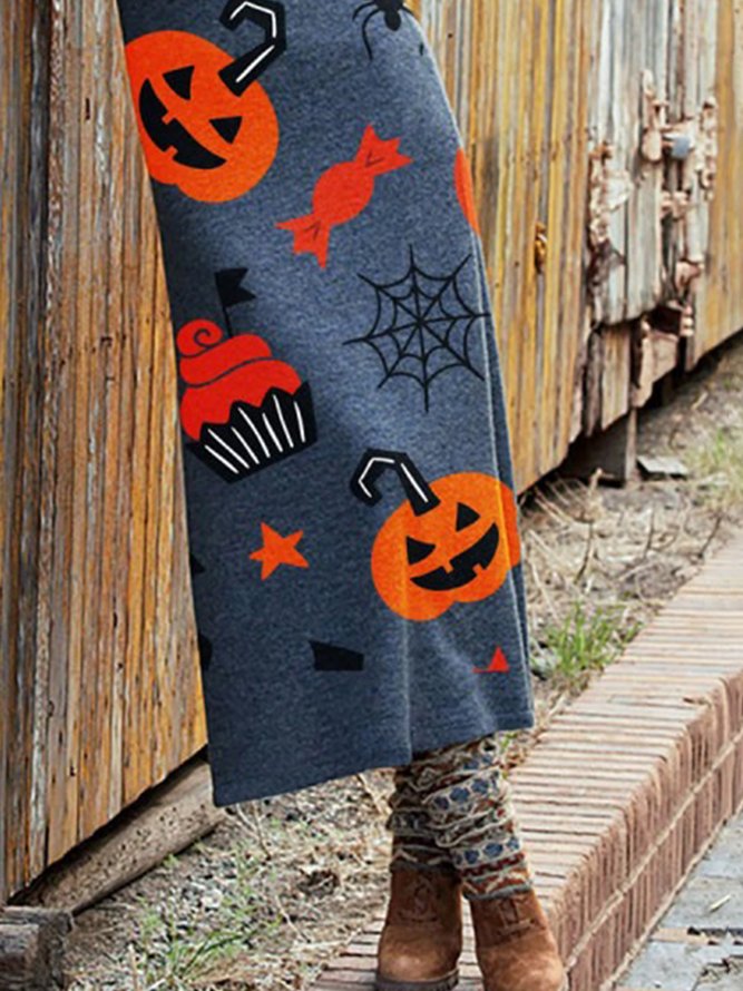 Vintage Statement Halloween Printed V Neck Long Sleeve Casual Knitting Dress
