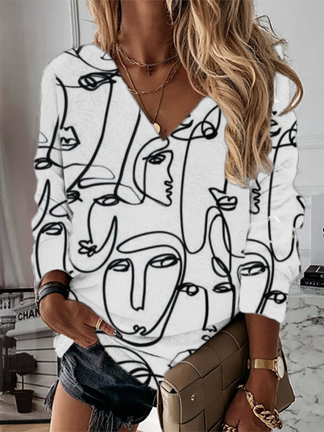 Plus size Abstract Printed V Neck Sweatshirts