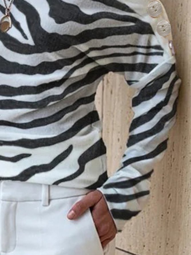 Vintage Zebra Printed Long Sleeve Off Shoulder Cold Shoulder Casual Tunic Top