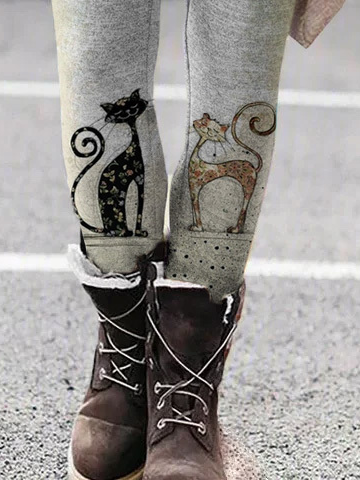 Cat Patterned Cotton Casual Skinny Leggings