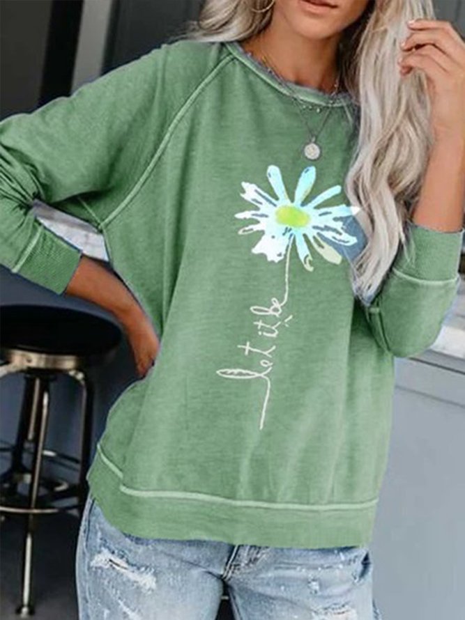 Light Blue Printed Casual Round Neck Cotton-Blend Tops