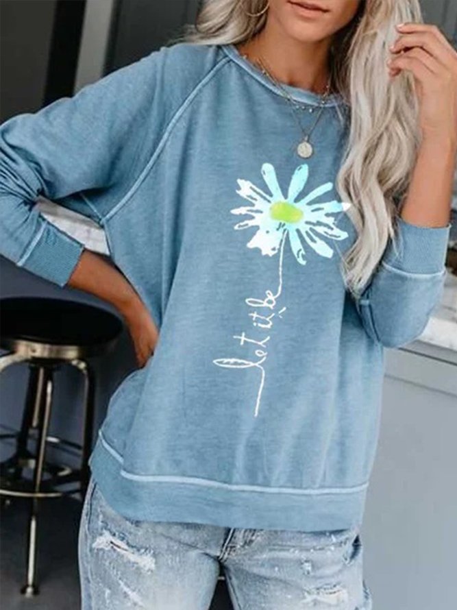 Light Blue Printed Casual Round Neck Cotton-Blend Tops