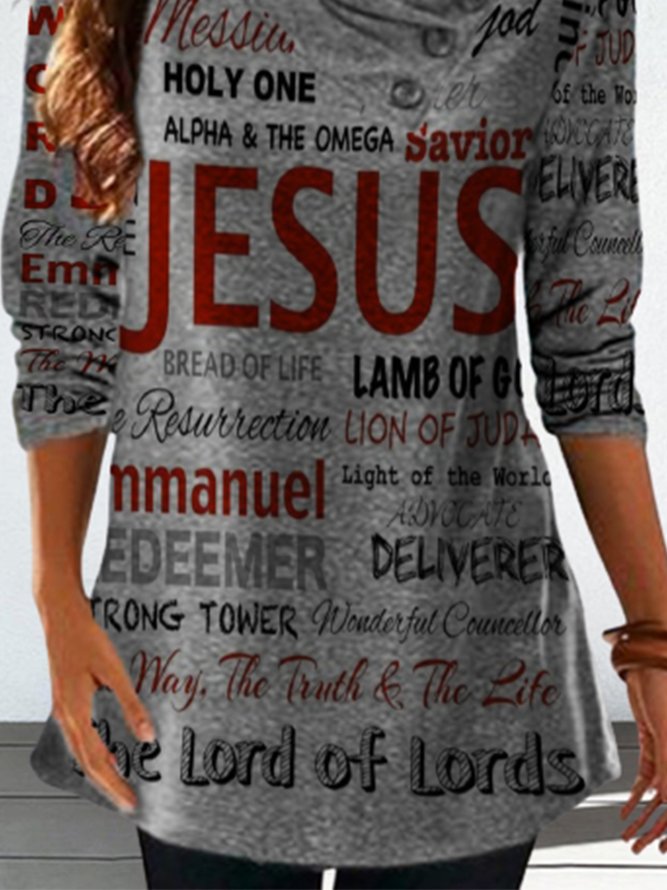 Vintage Letters Jesus Printed Cowl Neck Long Sleeve Casual Tunic Top