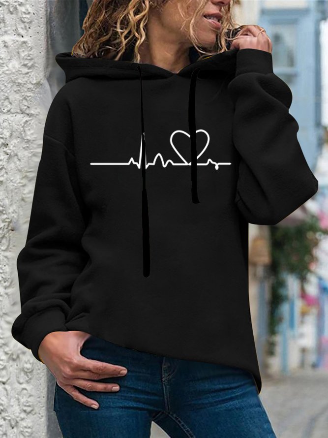 Casual Heart Beat Printed Long Sleeves Hooded Loosen Sweatshirt