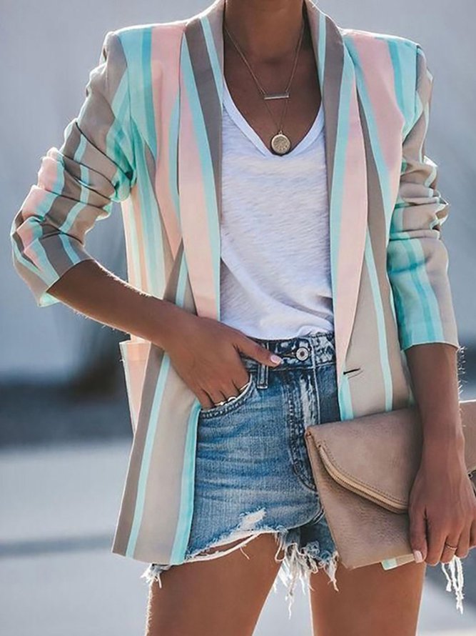Casual Striped Lapel Outerwear
