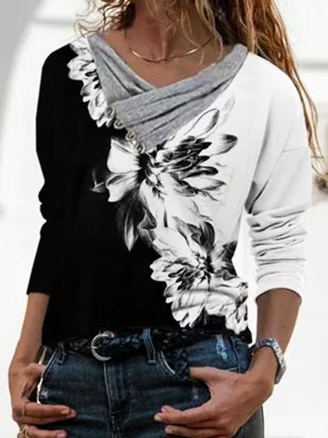 Floral Color Block Printed Cowl neck Casual Hippie Long Sleeve Loosen Tops