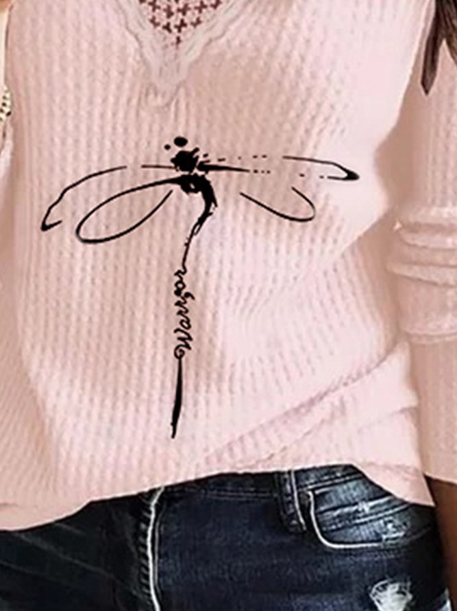 Vintage Dragonfly Printed Long Sleeve Lace V Neck Casual Tops