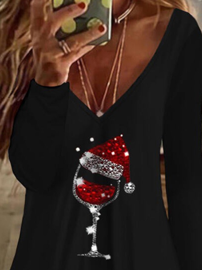 Wine Glass Pattern Long Sleeves V Neck Plus Size Casual Tops