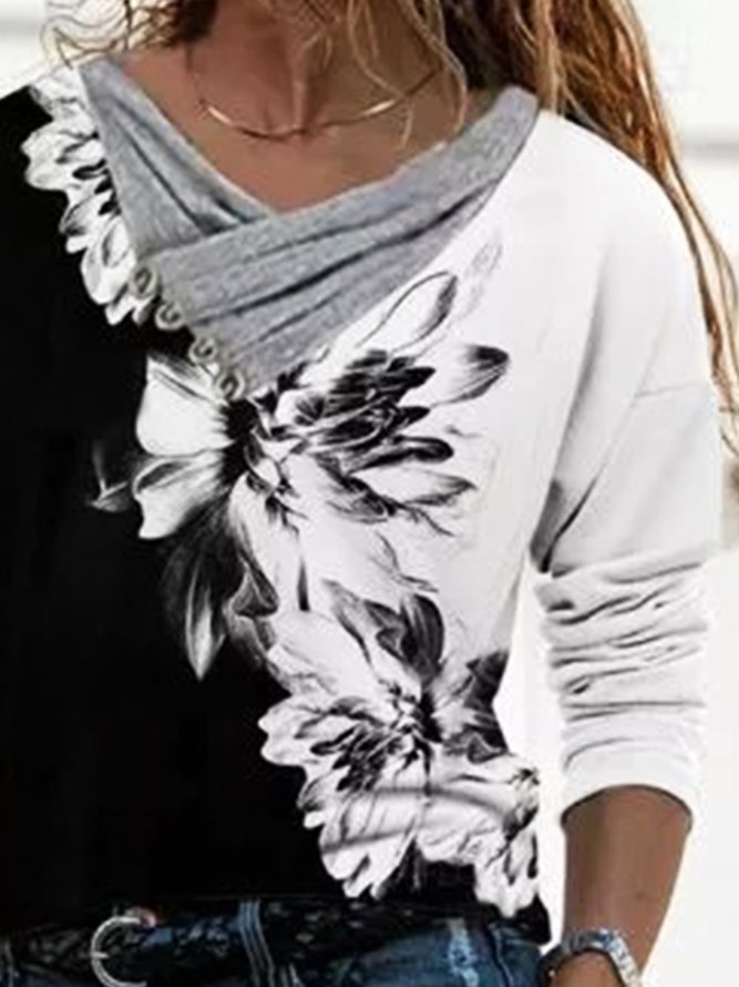 Floral Color Block Printed Cowl neck Casual Hippie Long Sleeve Loosen Tops