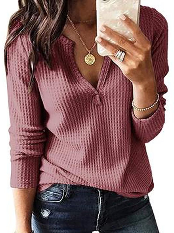 Women Plain Autumn Casual V neck Micro-Elasticity Vintage Solid Long Sleeve shirt & Top