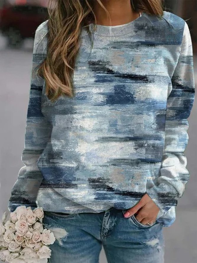 Blue Art Printed Casual Loosen Sweatshirt