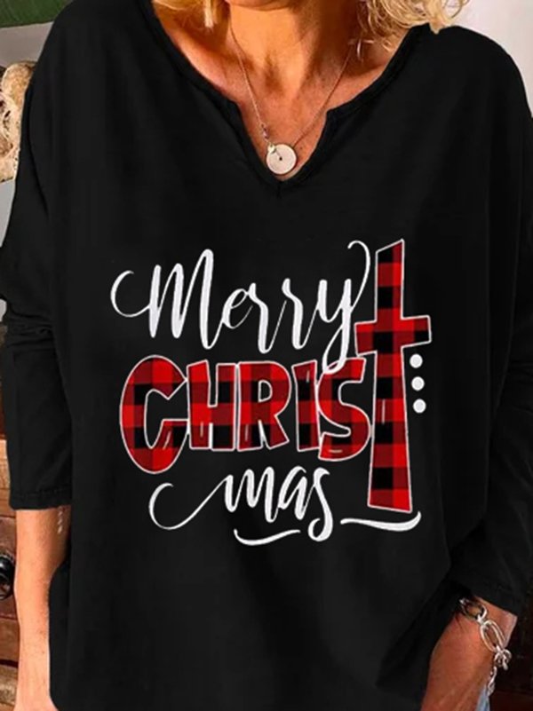 Christmas Printed V Neck Plus Size Casual T-shirt