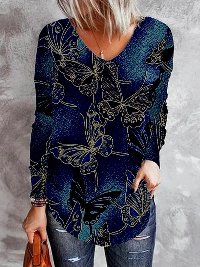 Vintage Butterfly Pattern Long Sleeve V Neck Plus Size Casual Tops