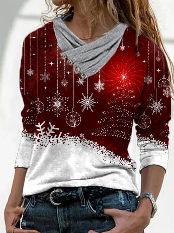 Christmas Printed Cowl Neck Casual Shirts & Tops