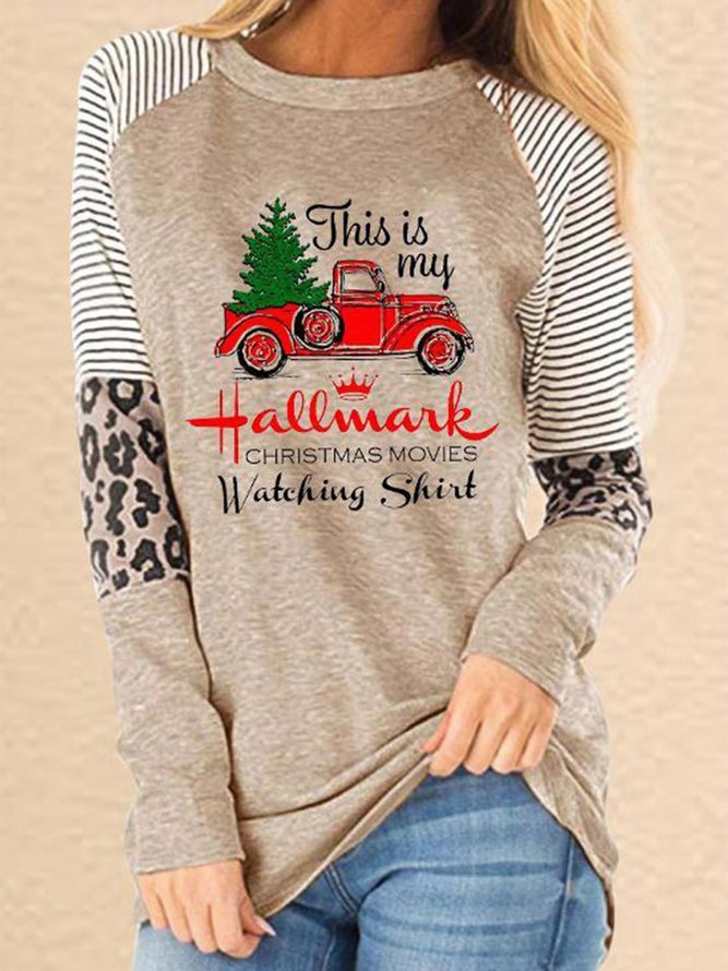 Christmas Leopard Striped Casual Crew Neck Long Sleeves Shirts & Tops