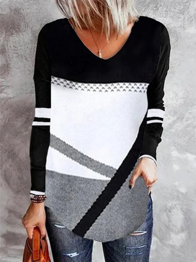 Color-block Geometric Striped Printed Long Sleeves V Neck Plus Size Casual Tops