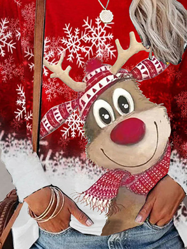 Loosen Christmas Snowman Cotton Blends Shirts & Tops