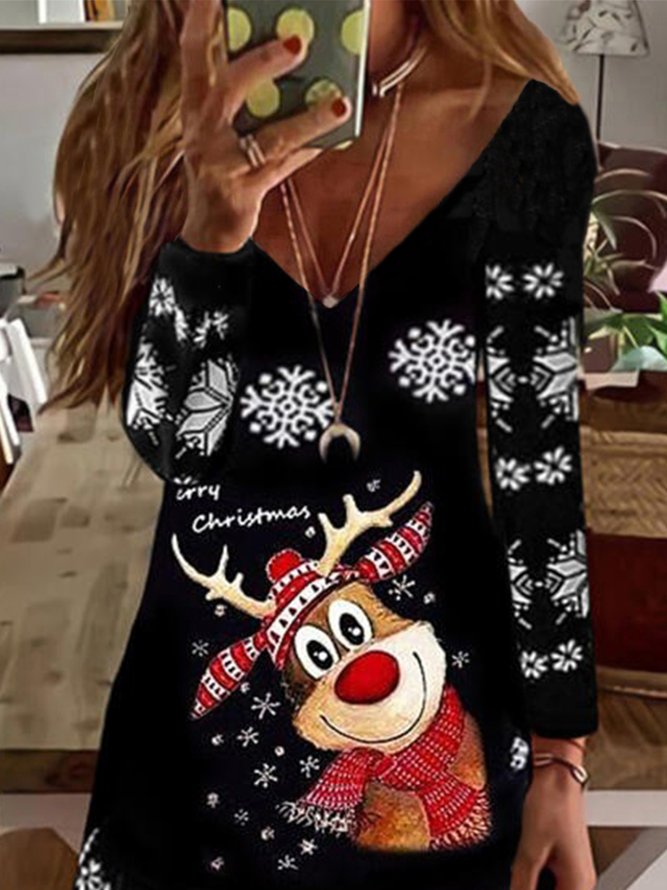 Vintage Christmas Snow Elk Long Sleeve V Neck Plus Size Casual Dresses