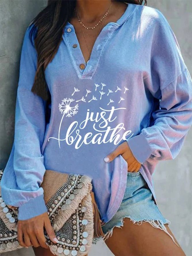 Dandelion Letters Printed Long Sleeves V Neck Plus Size Casual Sweatshirts