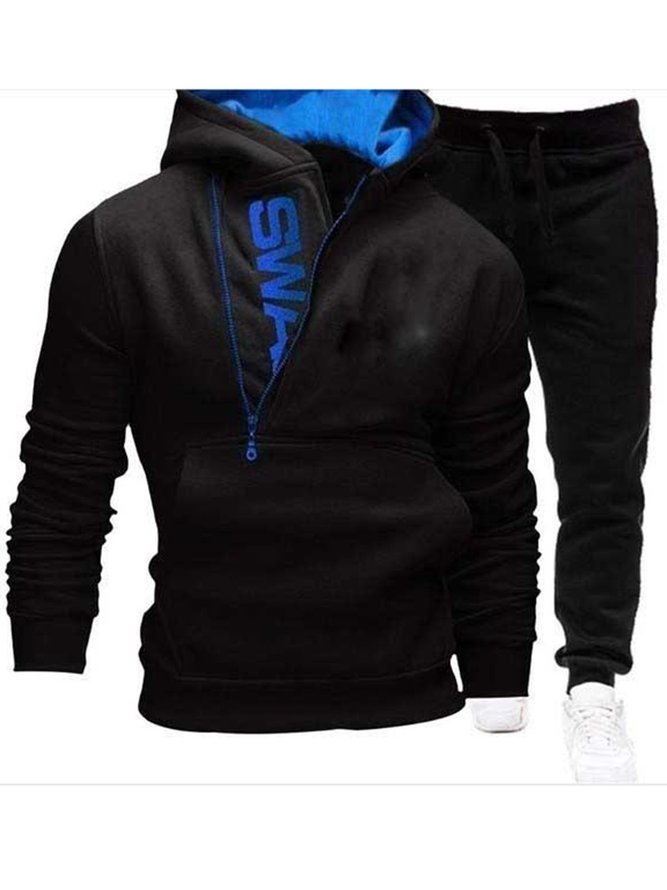 Men's Letter Pullover Side Zipper Contrast Color Hooded Padded Sweater Suit