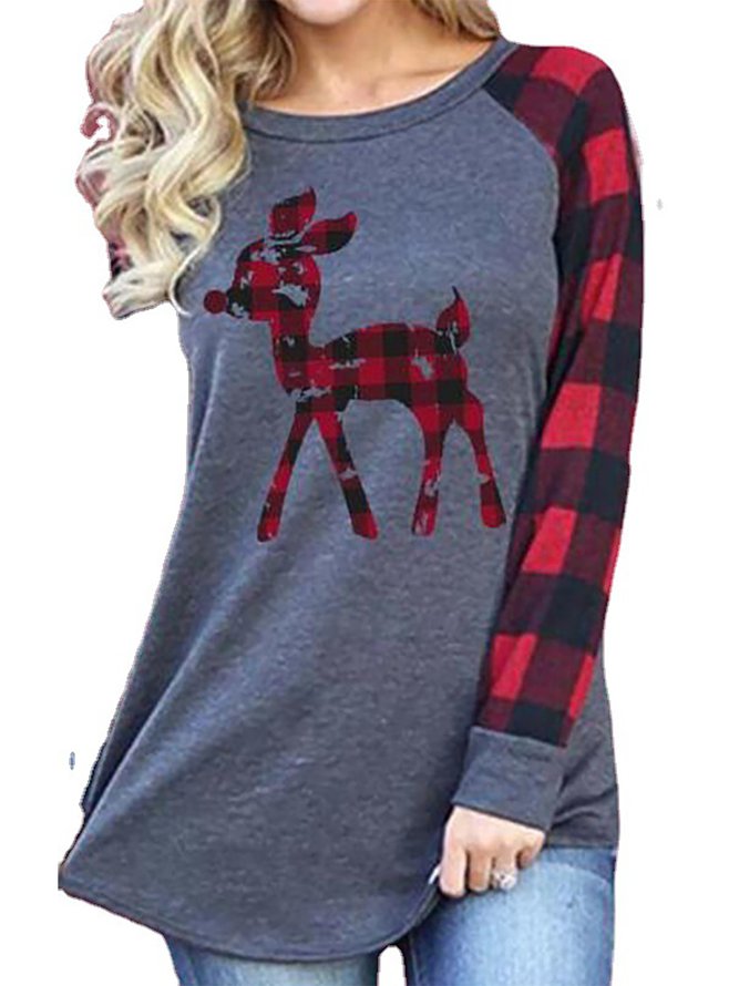 Crew Neck Casual Christmas Pattern Printed Long Sleeves Shirts & Tops