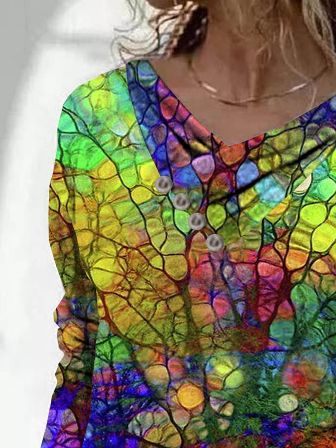 Casual Colorful Print V Neck Long Sleeve Tops