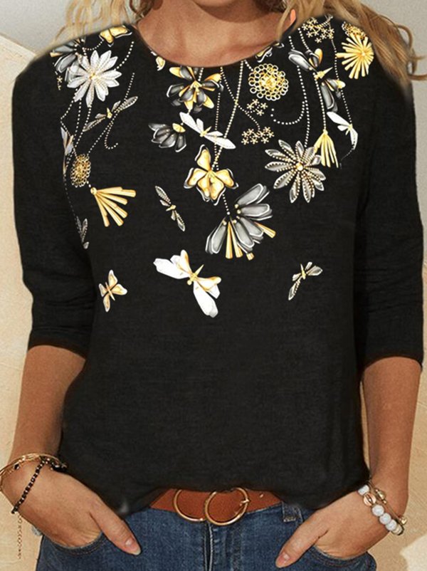 Floral Casual Long Sleeve Crew Neck Shirts & Tops