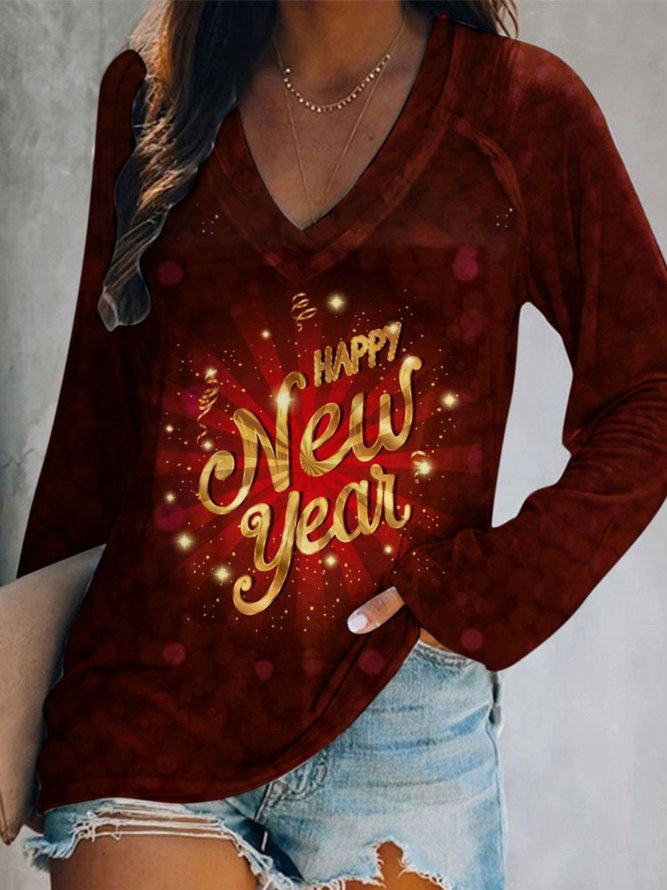 Happy New Year  Printed V Neck Long Sleeve T-shirts