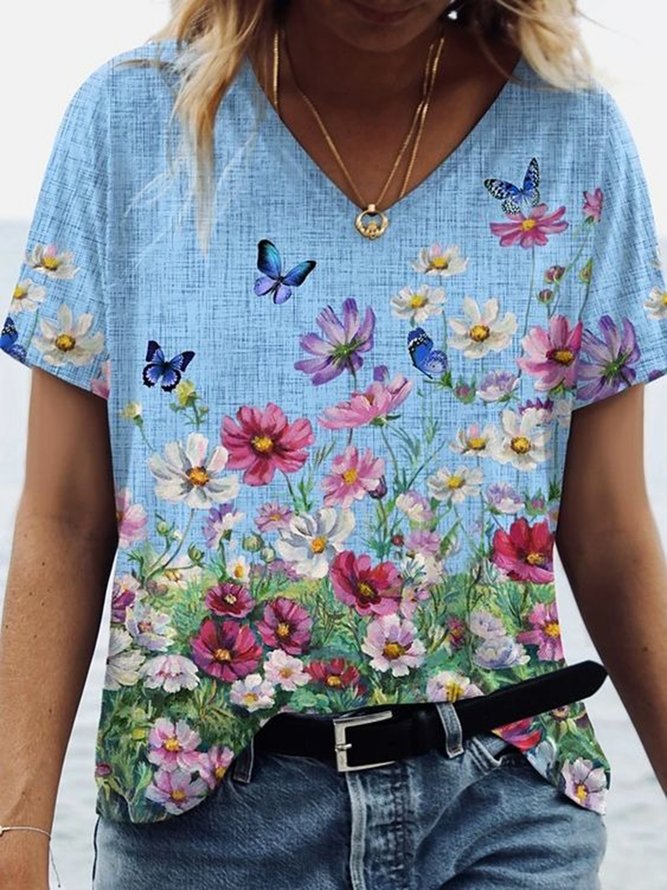Floral Printed V Neck Casual Short Sleeve Loosen Shirts & Tops
