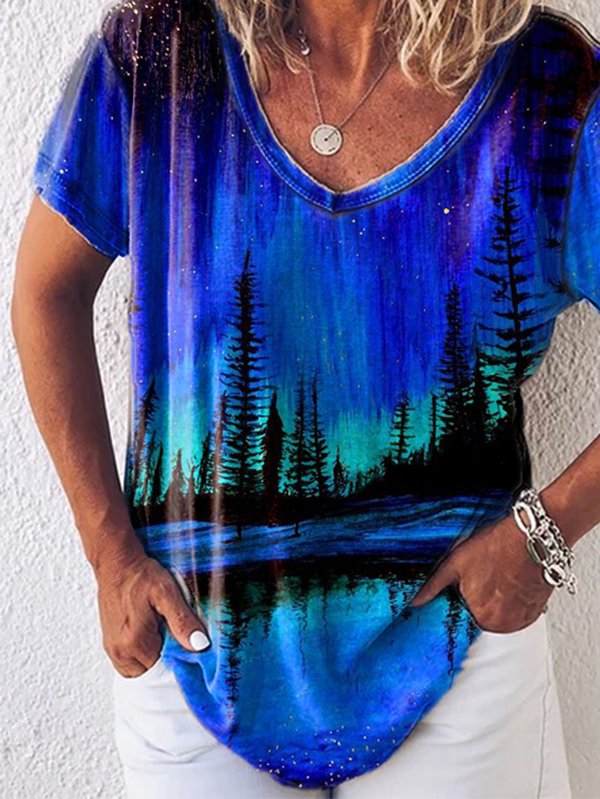 Short Sleeve V Neck Landscape Print Casual Shirts & Tops