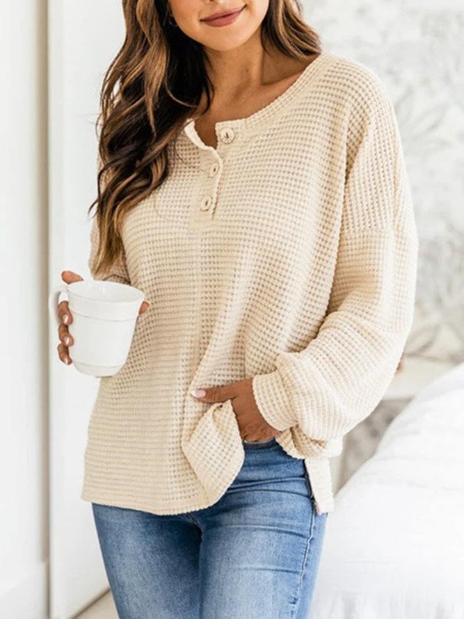 Casual Loosen Round Neck Solid Shirts & Tops