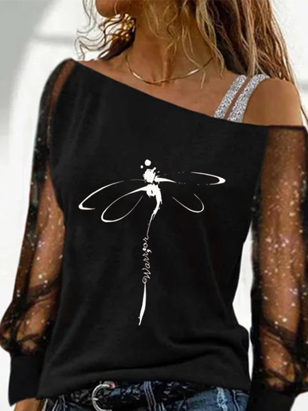 Mesh Dragonfly Long Sleeve Casual T-shirt