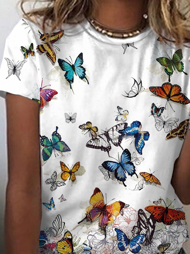 Butterfly Round Neck Casual Shirts & Tops