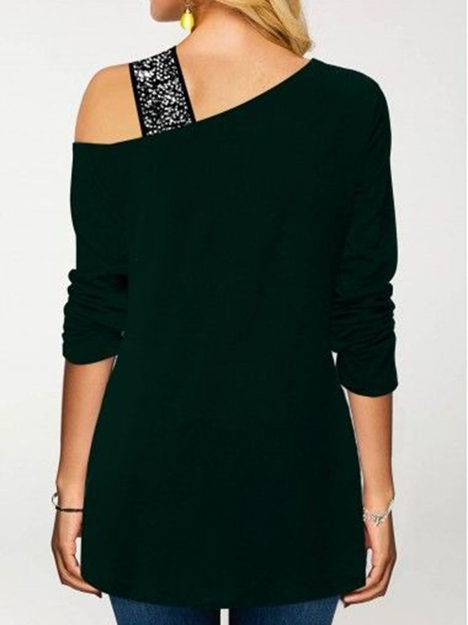 Sequined Off Shoulder Cold Shoulder Mid-Length Long Sleeve Casual Tunic Top