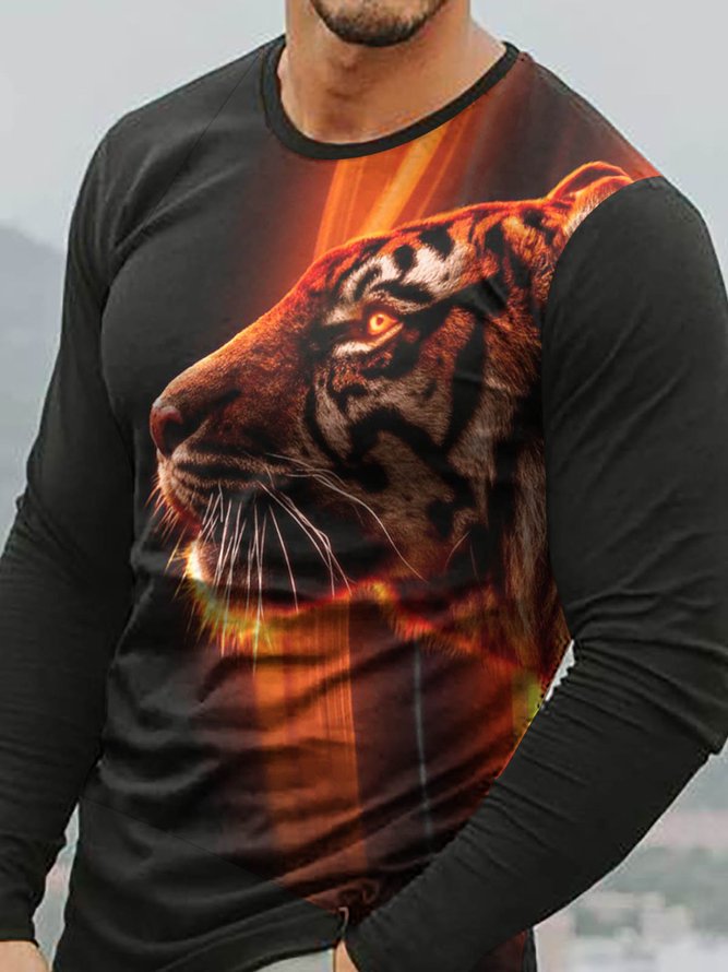 3D Tiger Graphic Long Sleeve Round Neck Casual Tee