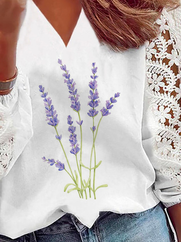 Casual v-neck lavender print lace stitching Tunic Top Women