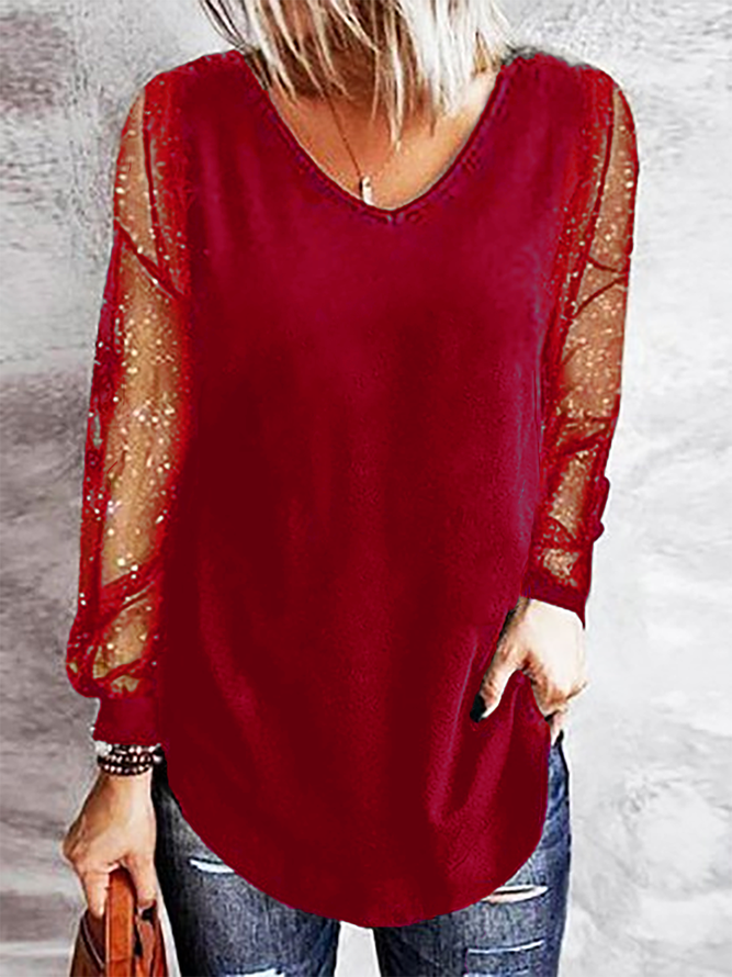 Plus size V Neck Casual Sequins Shirts & Tops
