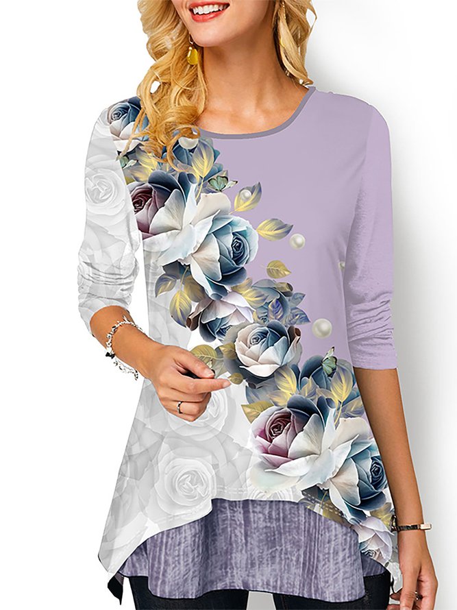 Floral Printed Long Sleeves Tunic Tops | noracora