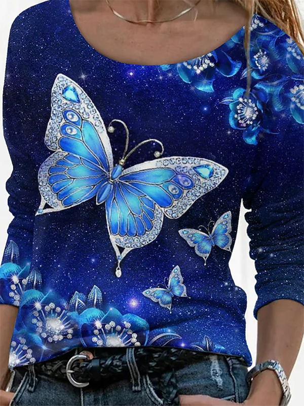 Long Sleeve Casual Crew Neck Butterfly Tunic T-Shirt